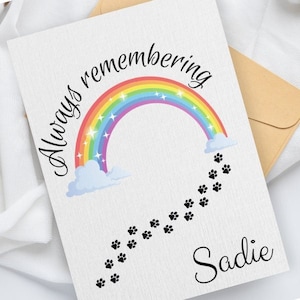 Personalised Pet Sympathy Card Gift and Memory Keepsake Gift, A6 Folded Rainbow Bridge Loss of Dog Gift, Pawprints on your Heart, 2 Designs