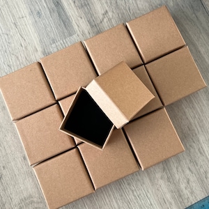 May include: A group of 12 small, square, brown cardboard boxes. One box is open, revealing a black interior.