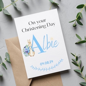 Personalised Christening Card, Grandson Son Nephew Godson Little Boy, Baptism Card, Confirmation, Peter Rabbit Christening Theme