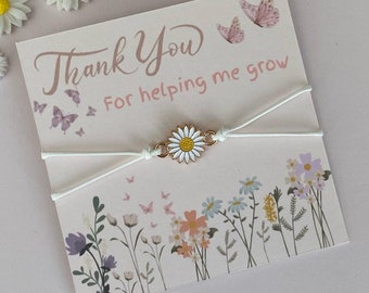Gift for Teacher, End of Term Gift, Preschool Gift for Nursery, Daisy Bracelet, Tree of Life Studs, Silver, Rose Gold Studs, Thank you Gift