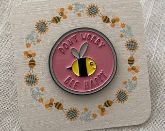 Don’t Worry, Bee Happy Motivational Gift Pin Badge on Handmade Linen Card, Motivational Gift, Pick me up Gift