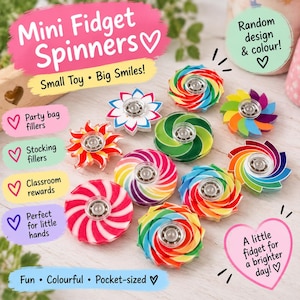 May include: A collection of ten small plastic fidget spinners in various shapes and colors, including spiral, floral, and striped patterns. Each spinner features a central metal ball bearing. Text on the image includes Mini Fidget Spinners, Small Toy, Big Smiles, Random design & colour, Party bag fillers, Stocking fillers, Classroom rewards, Perfect for little hands, A little fidget for a brighter day, and Fun, Colourful, Pocket-sized.