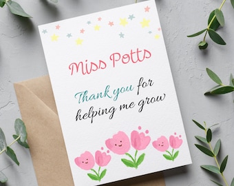 Personalised Thank You Nursery Teacher Card, Thank You Teacher, Card for Preschool Leaver, Nursery Teachers, Cute Flower Card