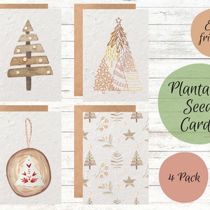 Plantable Seed Christmas Card Pack, Rustic Christmas Designs, 4 designs, 4 pack