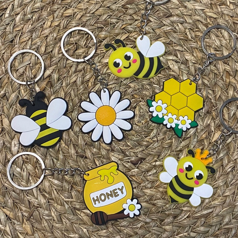 Set of 6 Cute Little Bee Keychains, Keyrings, Perfect for