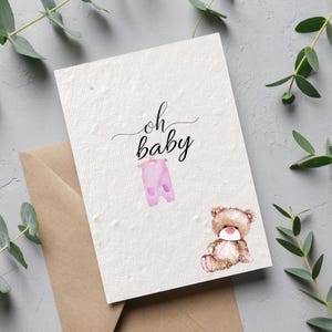 New Baby Plantable Seeded Card, Pink Teddy Baby Girl Card, Baby Shower Card, Congratulations Newborn Baby Card, New Baby Card