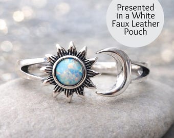Adjustable Moon Sun Opal Ring | Vintage Silver Celestial Statement Jewellery