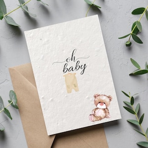 New Baby Plantable Seeded Card, Cream, Beige Teddy Baby Girl Card, Baby Shower Card, Congratulations Newborn Baby Card, New Baby Card