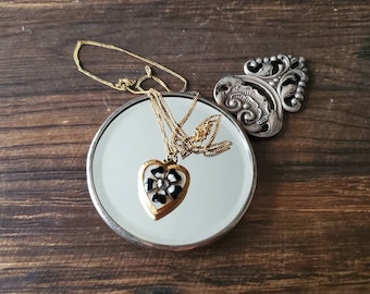 Vintage GF, Guilloche Black and White Flower, Rhinestone, Enamel Heart Locket