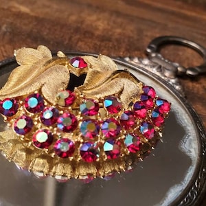 Gold-tone Leaf and Pink Aurora Borealis Rhinestone Brooch