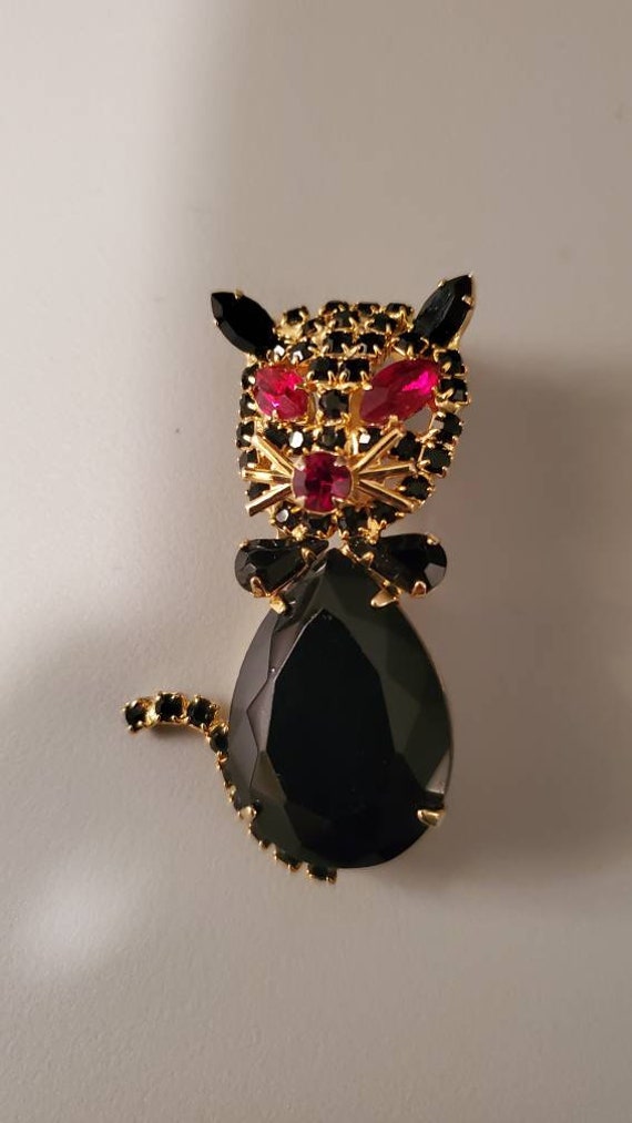 Vintage Alice Caviness Black Rhinestone Cat Brooch