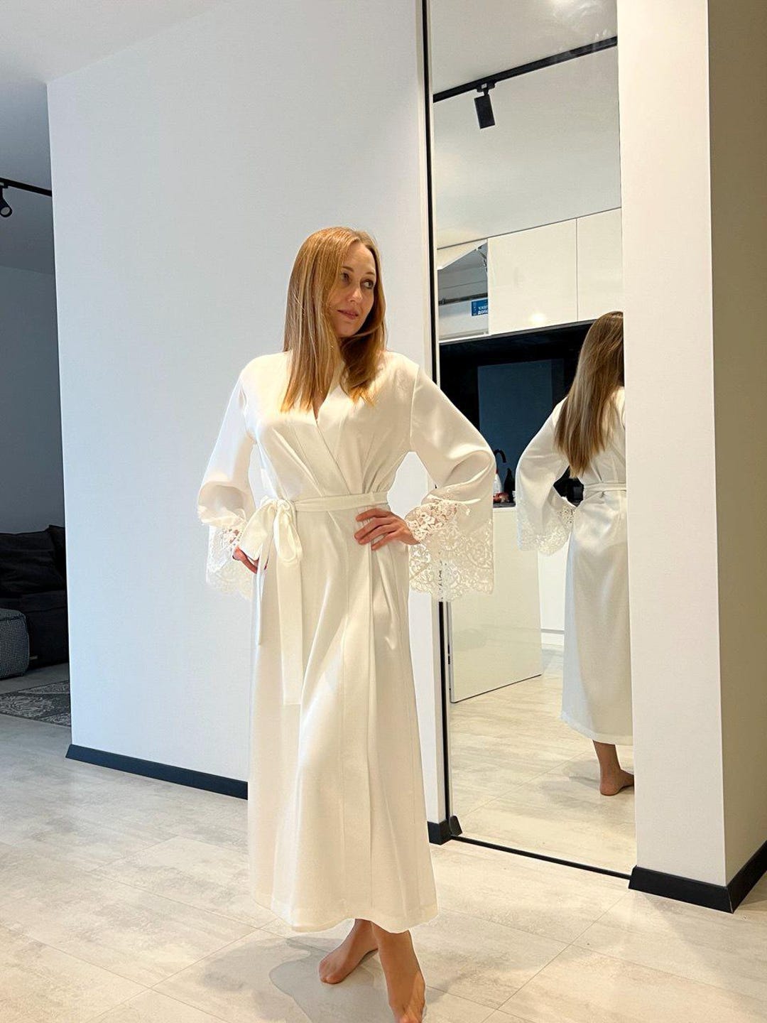 Ivory Satin Bridal Robe With Lace Sleeves – Long Getting Ready Robe ...