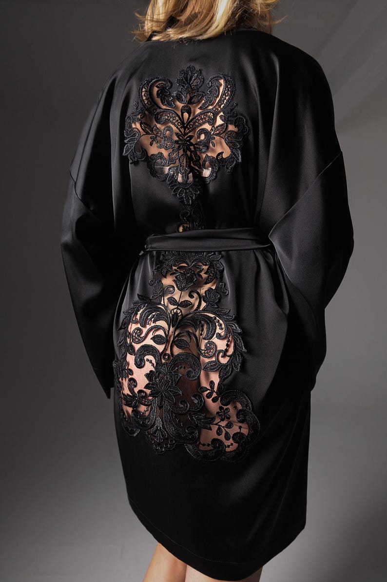 Lower Robe Luxury Black Satin Robe Gift Set – Bridal Morning Robe With Lace ...