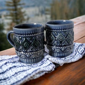 Vintage 1970's Drip Glaze Stoneware Geometric Pattern Stackable Mugs in Blue Made in Japan