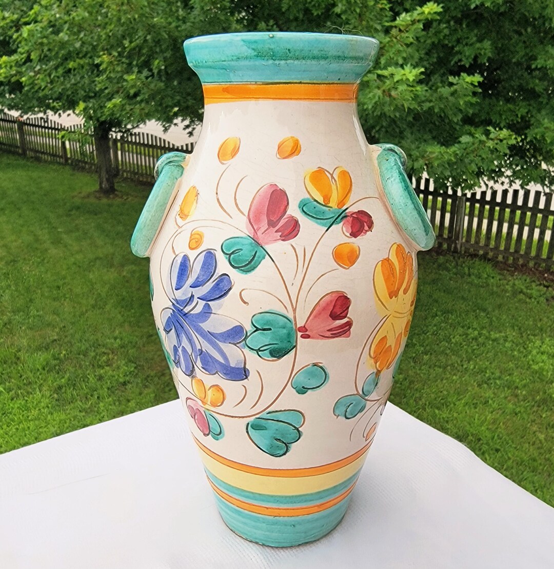 Vintage Italian Hand-painted Floral Vase: Red Clay Mojalica