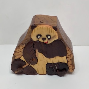 Joyero con forma de rompecabezas de oso panda tallado en madera hecho a mano