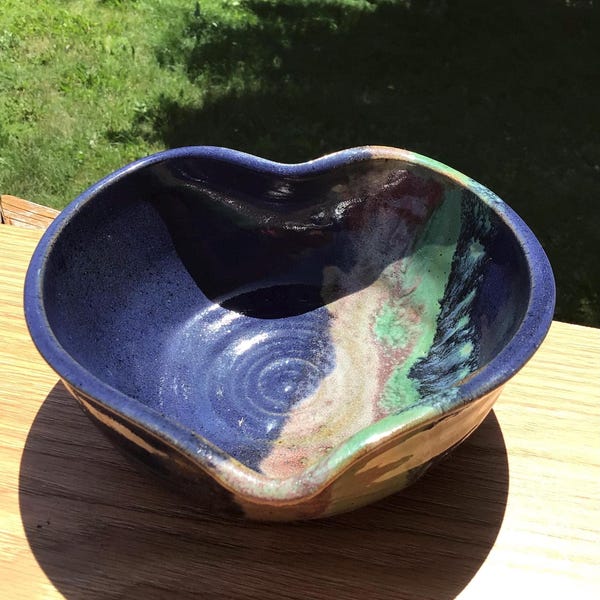 Heart Shaped Pottery Bowl: Drip Glazed Stoneware, Artist Signed
