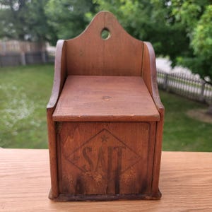 Vintage Primitive Farmhouse Wooden Hinged Slant Top Hanging Salt Box