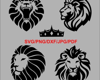 May include: Four black and white lion head illustrations. The lions are facing different directions. The top left lion is roaring. The top right lion is looking to the left. The bottom left lion is looking straight ahead. The bottom right lion is looking to the right. The text "SVG/PNG/DXF/JPG/PDF" is below the lions.