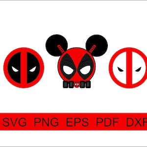 Puede incluir: Un diseño gráfico con tres imágenes temáticas de Deadpool. El diseño incluye un logotipo de Deadpool rojo y negro, una cabeza de ratón inspirada en Deadpool y un logotipo rojo y blanco. La parte inferior de la imagen muestra el texto "SVG PNG EPS PDF DXF" en rojo.