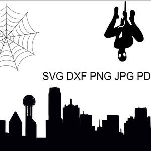 May include: Black silhouette of a cityscape with a spider web and a spider hanging upside down. The text "SVG DXF PNG JPG PDF" is below the cityscape.
