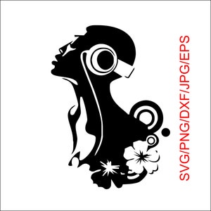 Femme DJ svg, Femme png, EPS, Télécharger femme, femme noire clipart, Femme africaine Silhouette avec casque DJ svg, fichier dxf, fichier dj pdf