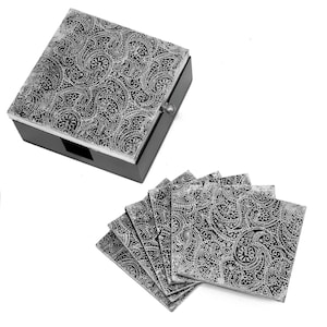 Handmade Antique Brass Coaster Set: Royal Paisley Design, Set of 6