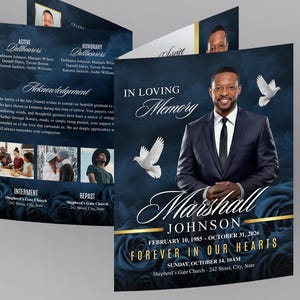 Blue Funeral Program (8 pages) In Loving Memory Obituary | Rose Memorial Program | Canva Funeral Template