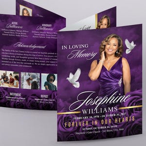 May include: A purple funeral program brochure featuring a photograph of Josephine Williams, white doves, and rose graphics. The text includes In Loving Memory, Josephine Williams, February 10, 1978 – October 31, 2027, and Forever In Our Hearts.