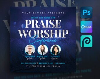 May include: A blue and white flyer for a Praise Worship Conference on Sunday, March 27th at 6 PM. The flyer features a mountain range background with a silver text overlay that reads "Praise Worship Conference". The flyer also includes the names and titles of three speakers: John Penner, Pastor; Marcus Jones, Pastor; and Alexis West, Pastor. The flyer includes the RSVP number, website, and address.