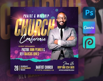 Church Flyer Template For Canva & Photoshop. DIY Church Conference Flyer, Church Service Flyer, Poster, Social Media, Instagram, Facebook