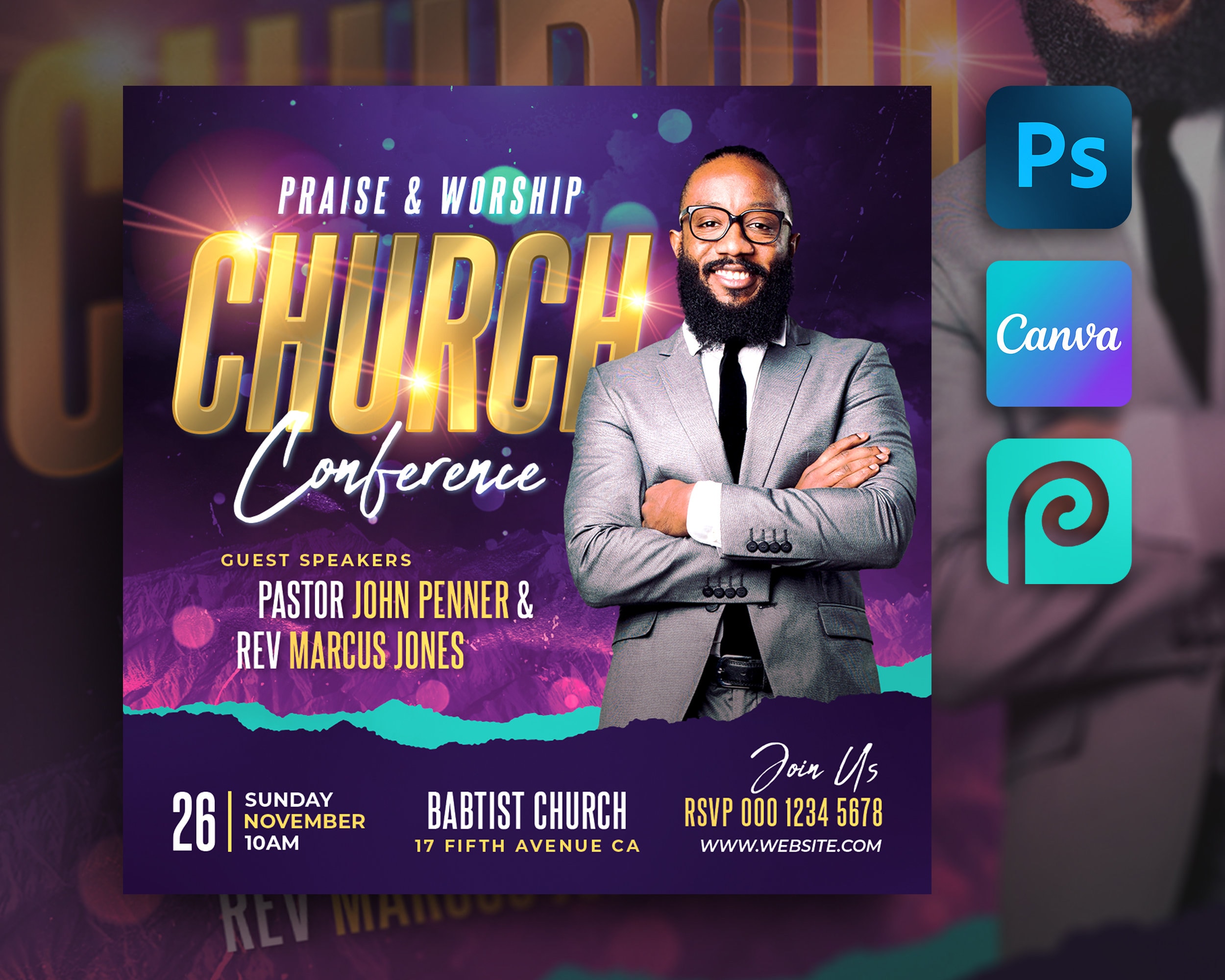 Church Flyer Template For Canva & Photoshop. DIY Church Conference Flyer, Church Service Flyer, Poster, Social Media, Instagram, Facebook