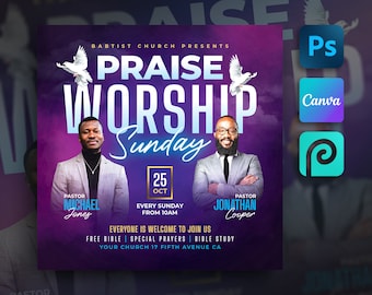 Può includere: Un volantino viola e bianco con il testo "Praise Worship Sunday" e la data "25 ott". Il volantino include anche i nomi di due pastori, Michael Jones e Jonathan Cooper, e l'indirizzo della chiesa: "Your Church 17 Fifth Avenue CA".