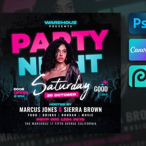 Club Party Flyer Template For Canva, Photoshop, DIY Event Flyer, Party Flyer, Club DJ Party Invite for Social Media, Instagram, Facebook