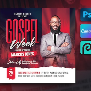 Church Flyer Template For Canva, Photoshop,  PhotoPea. DIY Church Service Flyer for Print, Social Media, Instagram, Facebook