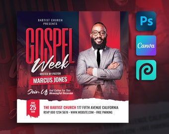 Può includere: Un volantino rosso e bianco con il testo "Gospel Week" in grandi caratteri grassetto. Il volantino pubblicizza un evento gospel ospitato dal pastore Marcus Jones presso The Babtist Church il 25 giugno alle 9:00. Il volantino include anche l'indirizzo della chiesa e un indirizzo del sito web.
