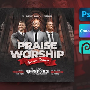 Kerk Flyer-sjabloon voor Canva, Photoshop, PhotoPea. DIY kerkdienstflyer voor print, sociale media, Instagram, Facebook