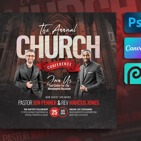 Church Flyer Template For Canva, Photoshop,  PhotoPea. DIY Church Service Flyer for Print, Social Media, Instagram, Facebook