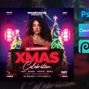 May include: A red and white Christmas party flyer with a woman in a red shirt and a Christmas tree with lights. The flyer says "25 December Xmas Celebration" and includes details about the event, including the date, time, location, and RSVP information.