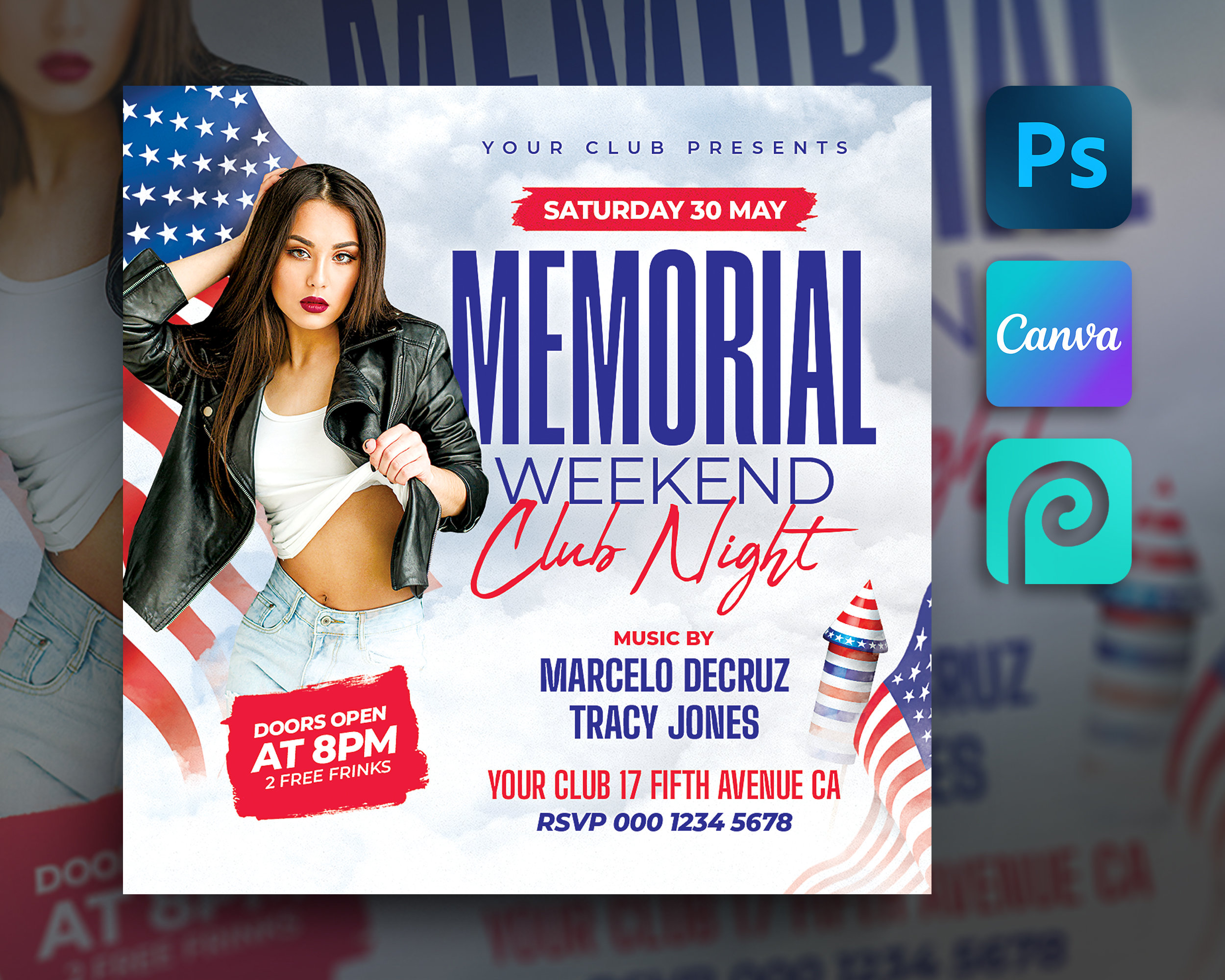 Memorial Day Party Flyer Template for Canva, Photoshop | DIY Veterans ...