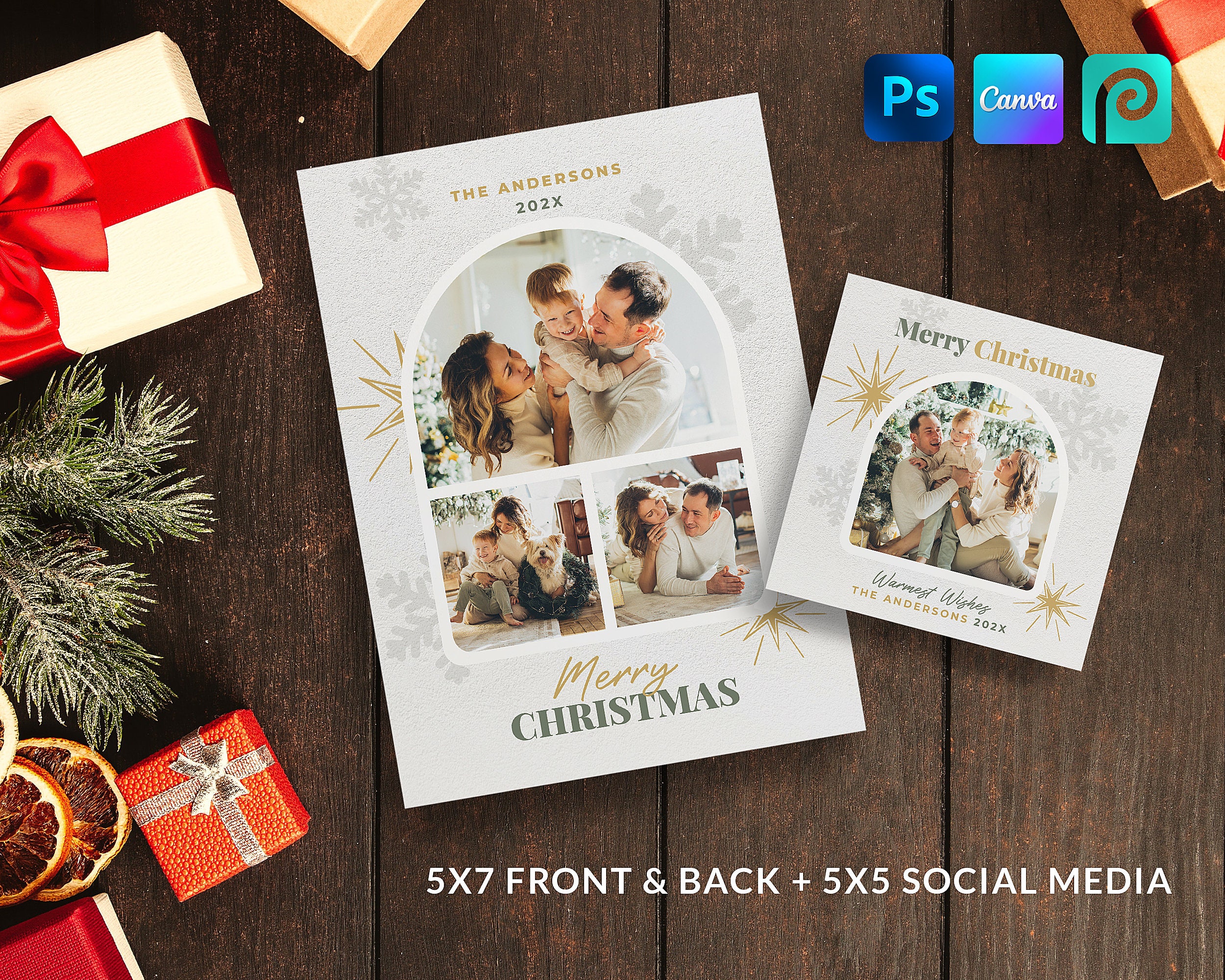Christmas photo card template for Canva & Photoshop, DIY Christmas photo collage, Holiday card photo collage, Social Media, Instagram