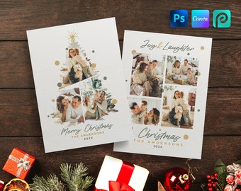 Plantilla de tarjeta fotográfica navideña para Canva y Photoshop, collage de fotos navideñas DIY, collage de fotos de tarjetas navideñas, redes sociales, Instagram