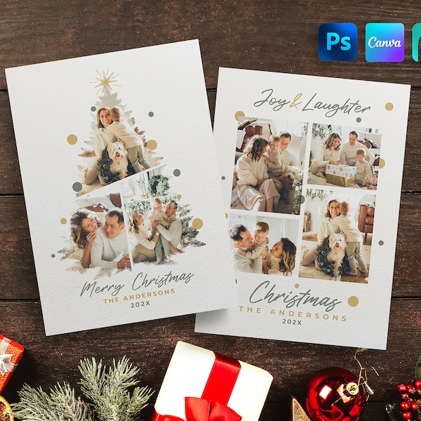 Plantilla de tarjeta fotográfica navideña para Canva y Photoshop, collage de fotos navideñas DIY, collage de fotos de tarjetas navideñas, redes sociales, Instagram