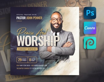 Church Flyer Template For Canva, Photoshop,  PhotoPea. DIY Church Service Flyer for Print, Social Media, Instagram, Facebook