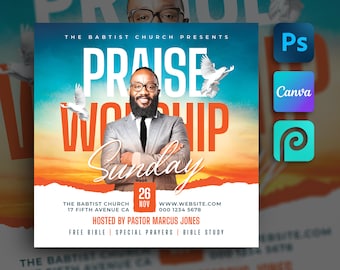 May include: A promotional poster for a church event. The design features the words "Praise Worship Sunday" in bold orange and white lettering. A man in a suit is in the center. The background has a gradient of blue, orange, and yellow.