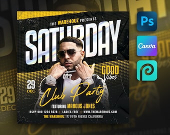 Plantilla de volante del club para Canva, Photoshop y PhotoPea. Folleto de evento de bricolaje, Folleto de fiesta, Invitación a fiesta de DJ de club para redes sociales, Instagram, Facebook