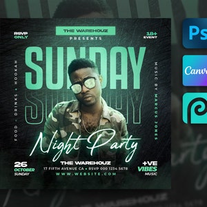 Modello di volantino per festa di club per Canva, Photoshop, volantino per eventi fai da te, volantino per feste, invito a feste di club DJ per social media, Instagram, Facebook