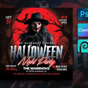 Halloween Flyer Vorlage für Canva, Photoshop. DIY Scary Event Flyer, Kostümparty, Spooky Invite für Social Media, Instagram, Facebook