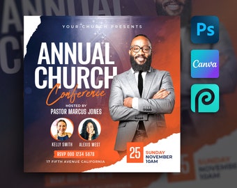 Church Flyer Template For Canva & Photoshop. DIY Church Conference Flyer, Church Service Flyer, Poster, Social Media, Instagram, Facebook