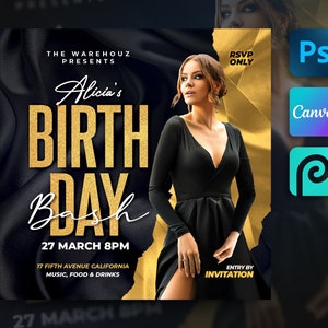 Birthday Flyer Template For Canva, Photoshop. Black & Gold Birthday Flyer, Club Flyer, DIY Party Invitation for Social Media, Instagram